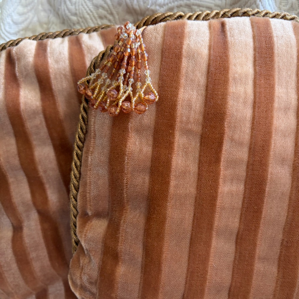 Vintage Brown Copper Gold Velvet Pillows Beaded Tassel Fringe Stripes 10" Pair